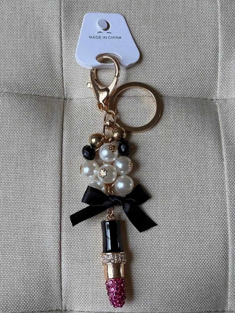 Pearl & Black Ribbon Lipstick Keychain Bag Charm